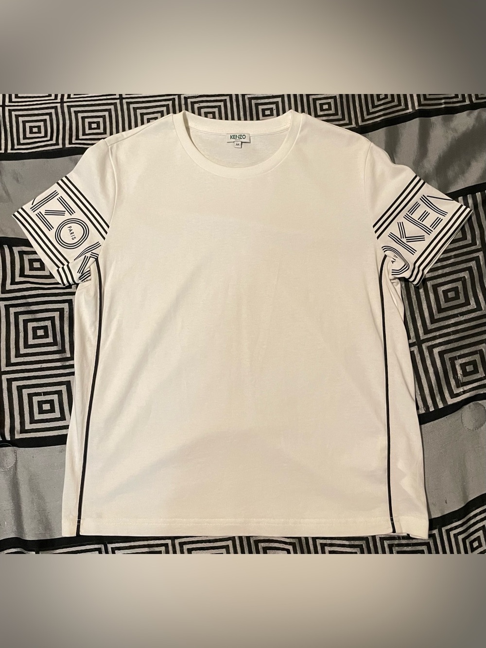 Kenzo White Short-Sleeve Tee with Black Graphic Sleeve Trim